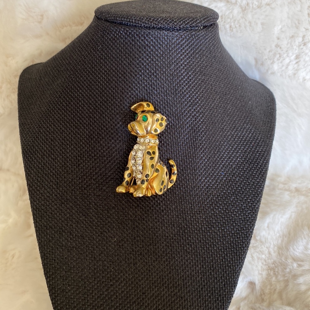Dog Pin Gold Tone Crystal Rhinestones & Black Enamel Spots, Spotted Dog Brooch - Picture 2 of 11